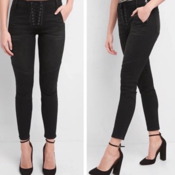 Gap 1969 True Skinny Lace Up Moto High Rise Black 25 - Picture 1 of 16